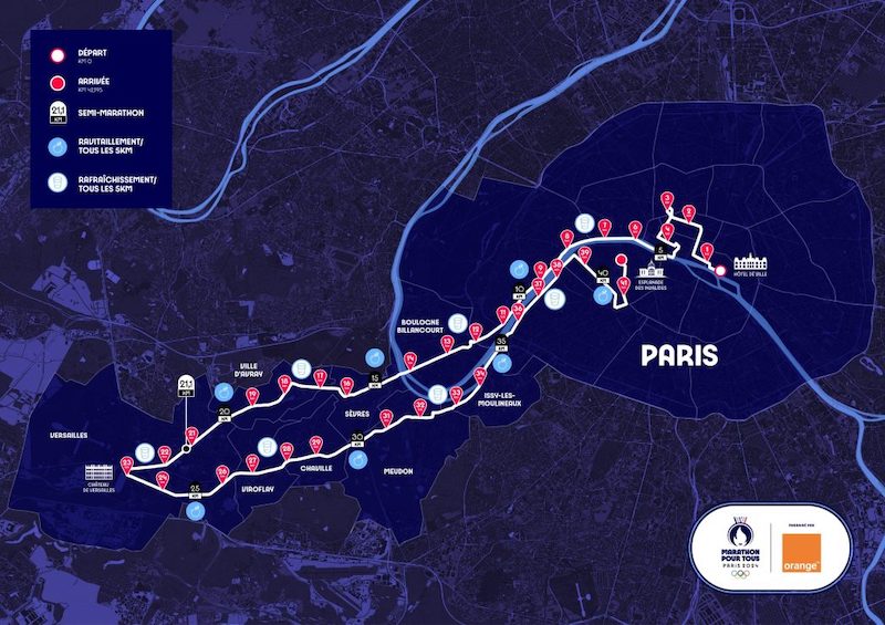 Le parcours du Marathon pour tous des JO 2024 sera un aller-retour entre le coeur de Paris et Versailles.