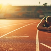 Coureur allongé à plat ventre dans le couloir d'une piste d'athlétisme.