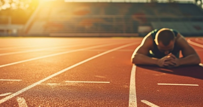 Coureur allongé à plat ventre dans le couloir d'une piste d'athlétisme.
