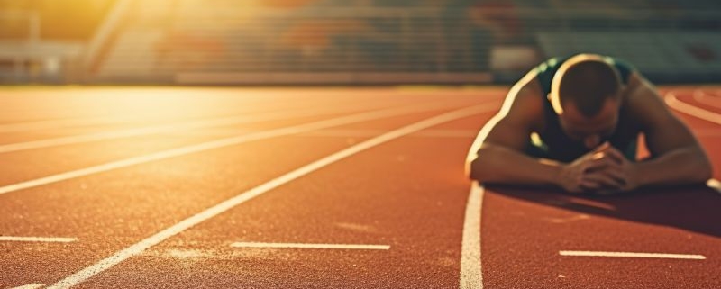 Coureur allongé à plat ventre dans le couloir d'une piste d'athlétisme.